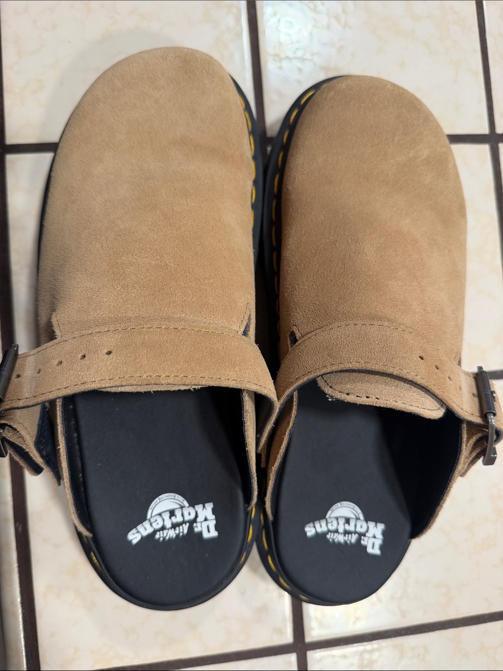 Dr. Martens Tan Suede Buckle Clog Mules